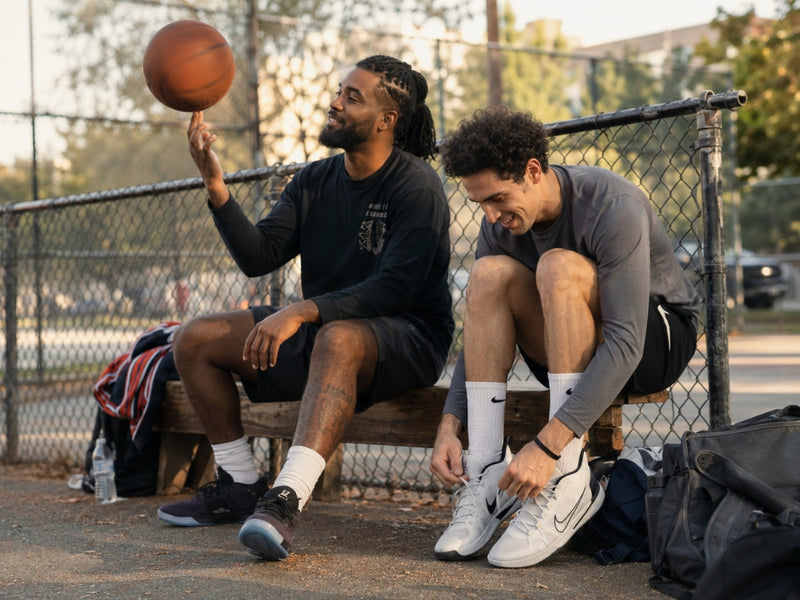Two men on a basketball court, one holding a basketball and the other adjusting his shoe.