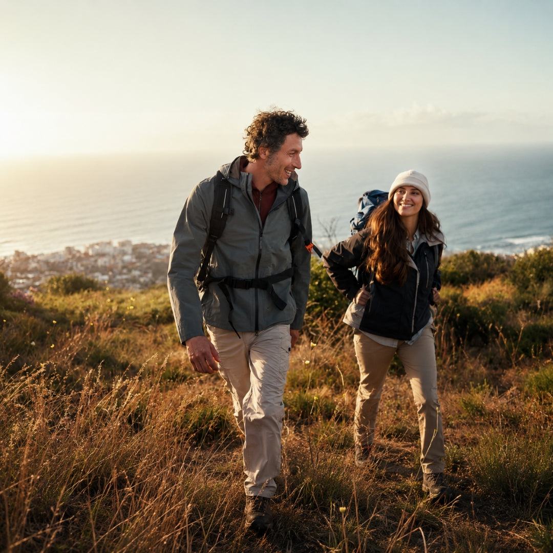 Two people hiking on a grassy hill with an ocean view