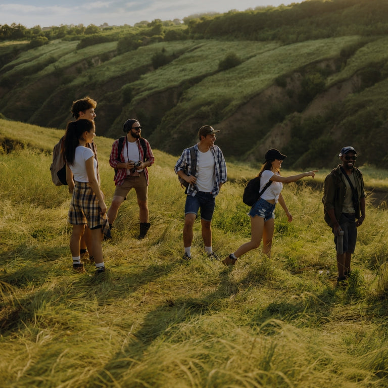 Group of people hiking on a grassy hillside with scenic views.