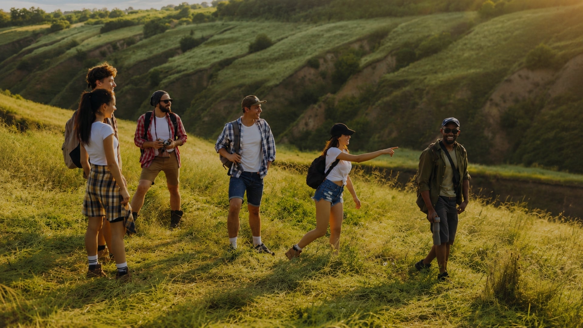Group of people hiking on a grassy hillside with scenic views.