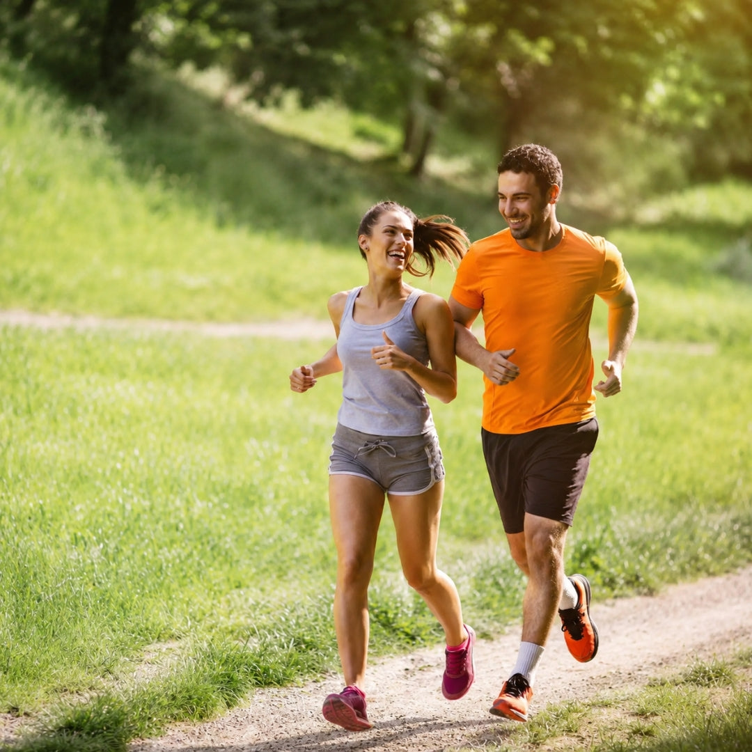 Two people running on a path in a park