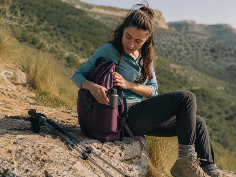 Woman sitting on a rock with a backpack in a mountainous area